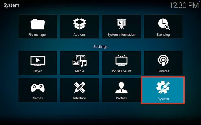 Now select System in the Kodi interface