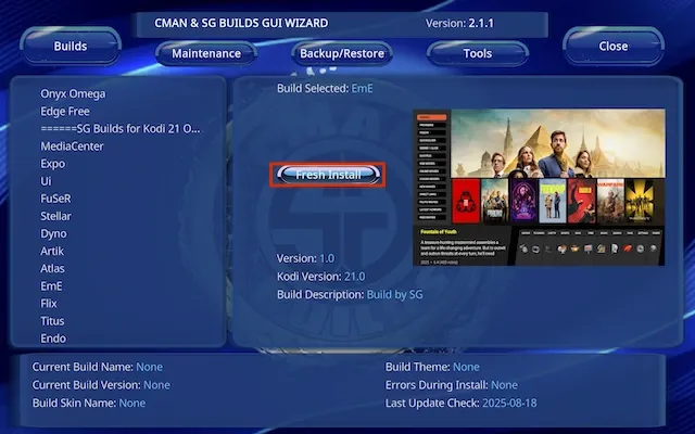 move your cursor and highlight Fresh Install