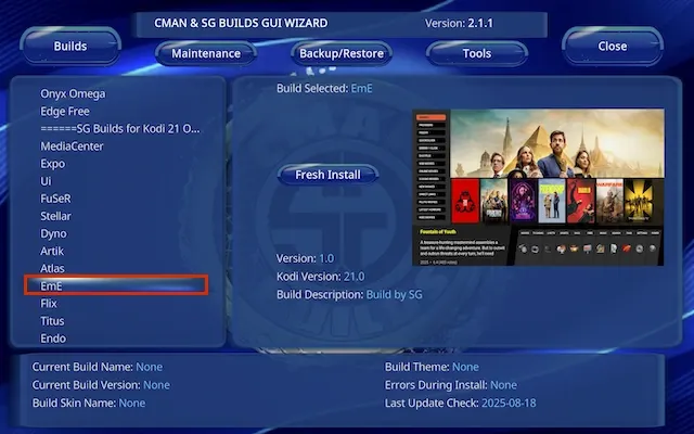 Now you need to scroll down and select the build you are installing which is EmE