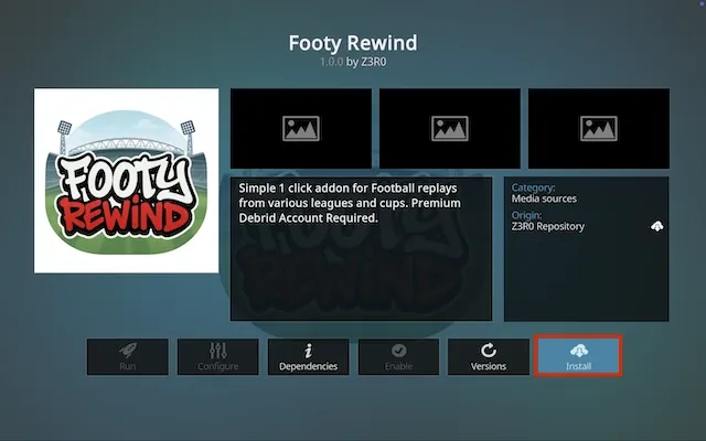 Click install to install the Footy Rewind add-on