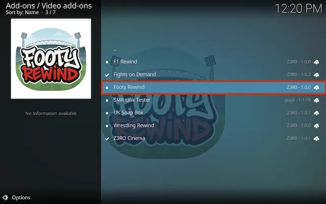 Select the Footy Rewind add-on
