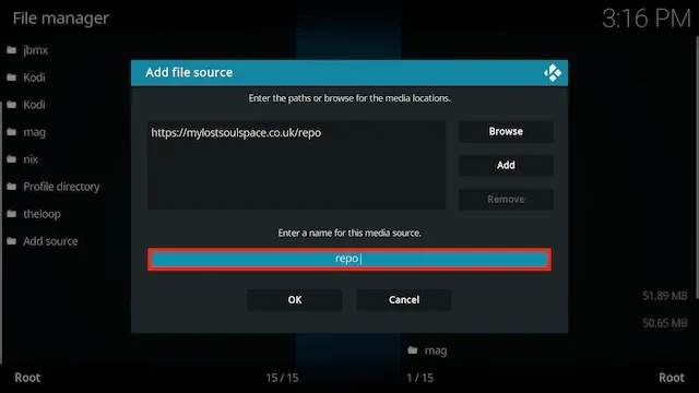Now you need to enter a name for the media source. You can call it anything you want